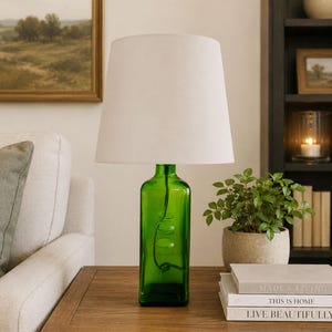 Upcycled Green Glass Olive Oil Bottle Lamp with Lampshade