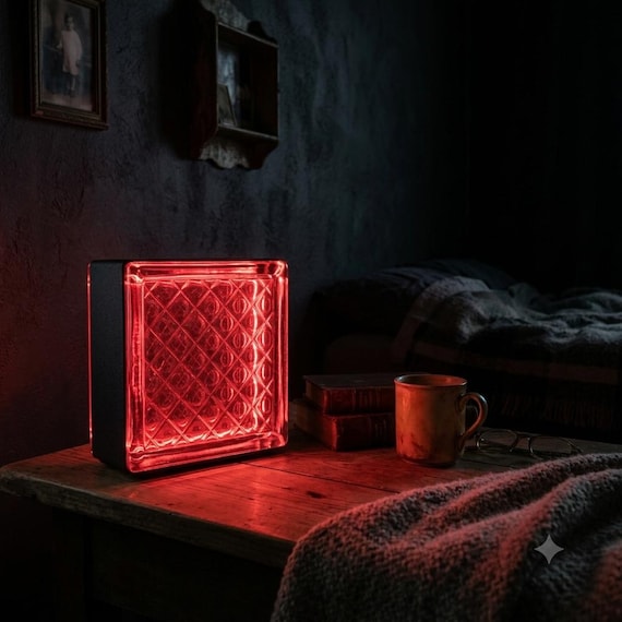 Handcrafted Red Glass Block Lamp, Minimalist Mood Light, Warm Ambient Lighting