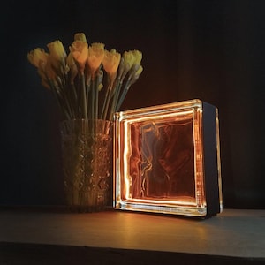 Handcrafted Amber Glass Block Lamp, Minimalist Mood Light, Warm Ambient Lighting