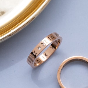 Rose Gold Roman Numerals Ring-Simple Couple Band Ring-Minimalist Engagement Promise Ring-Gold Filled Tarnish Free Everyday Ring Gift for Her