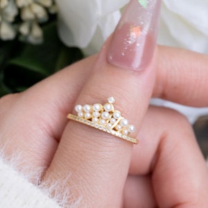 Pearl Crown Ring-Dainty Unique Princess Ring-Adjustable Gold Vermeil Ring-Sterling Silver Girl Ring Gift-Birthday/BFF/Valentine Jewelry Ring
