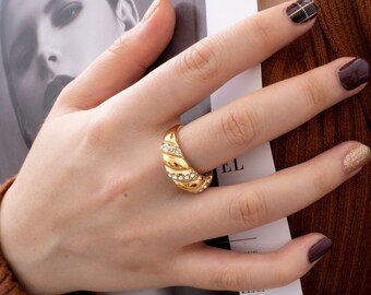 Presentski Chunky Croissant Ring - 18K Gold Plated Fashion Twist Braided Dome Ring For Women, Trendy Jewelry Gift - View #7