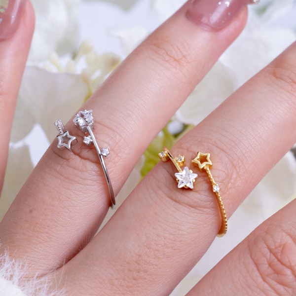 Dainty Shooting Star Ring-Silver/Gold Adjustable Open Ring-Thin Band Small Star Midi Ring-Shiny Bling CZ Stackable Ring-BFF Birthday Gift