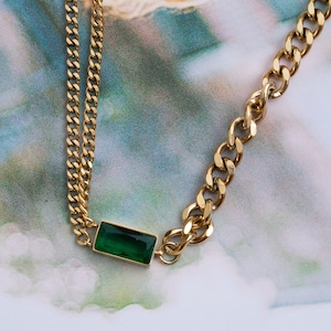 Green Emerald Choker-Gold Chunky Linked Chain Necklace-18K Gemstone Minimalist Choker-Square Charm Double Strands Asymmetric Cuban Necklace image 1