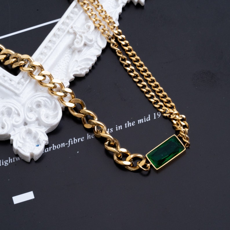 Green Emerald Choker-Gold Chunky Linked Chain Necklace-18K Gemstone Minimalist Choker-Square Charm Double Strands Asymmetric Cuban Necklace image 7