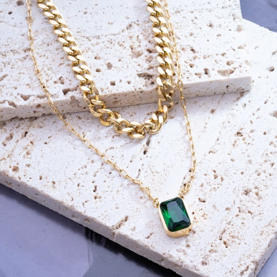 Layered Green Emerald Necklace chunky Double Strands Necklace