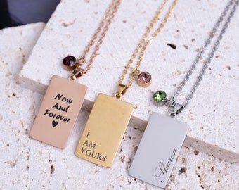 Personalised Rectangle Pendant Necklace with Birth Stone-Gold/Rose Gold/Silver Minimalist Custom Gift-Mother Day Valentine Birthday Necklace