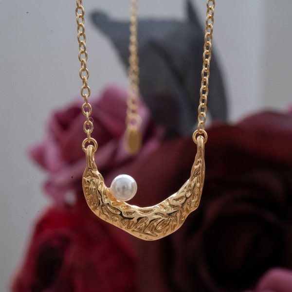 Gold Vermeil Halbmond Perle Anhänger Halskette