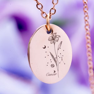 Personalised Star Sign Flower Necklace-Zodiac Flora Disc Necklace Birthday Gift-Customise Astrology Flower Pendant Gold/Silver/Rose Gold