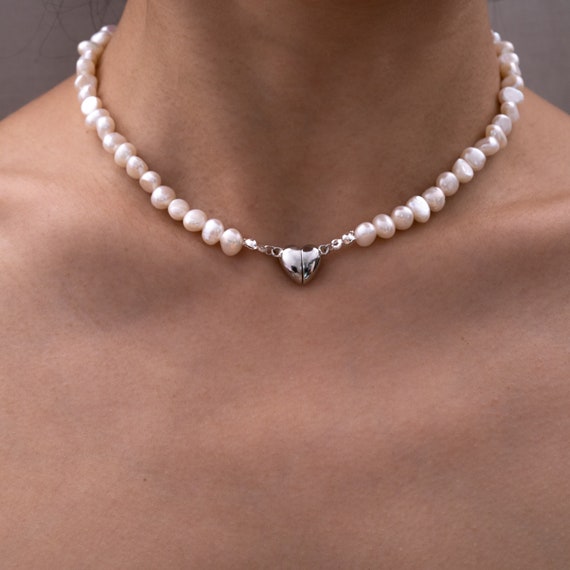 Magnet Heart Choker-Baroque Pearl Silver Heart Pendant Necklace  