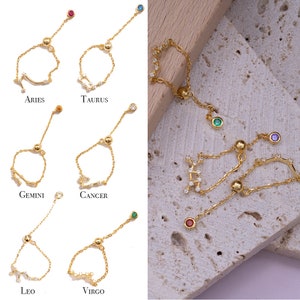 Zodiac Soft Chain Ring-Star Sign Horoscope Ring-Birth Stone Adjustable Ring-Dainty Minimalist Horoscope Gold Ring-Astrology Birthday Gift