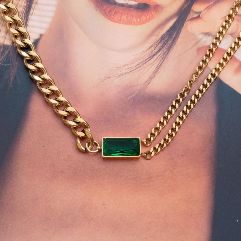 Green Emerald Choker-Gold Chunky Linked Chain Necklace-18K Gemstone Minimalist Choker-Square Charm Double Strands Asymmetric Cuban Necklace image 6