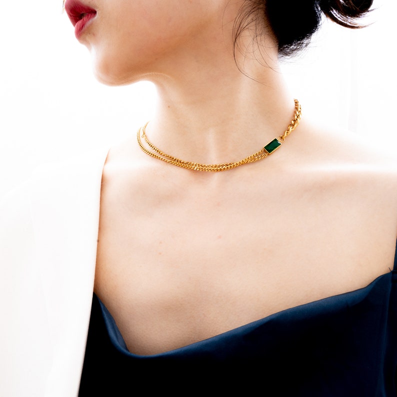 Green Emerald Choker-Gold Chunky Linked Chain Necklace-18K Gemstone Minimalist Choker-Square Charm Double Strands Asymmetric Cuban Necklace image 3