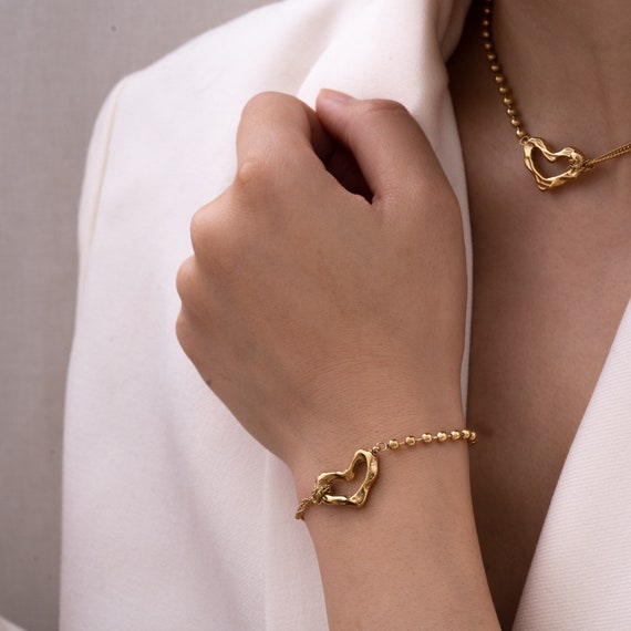 Gold Heart Charm Bracelet - Titanium Steel Ball Chain - Etsy display picture 2