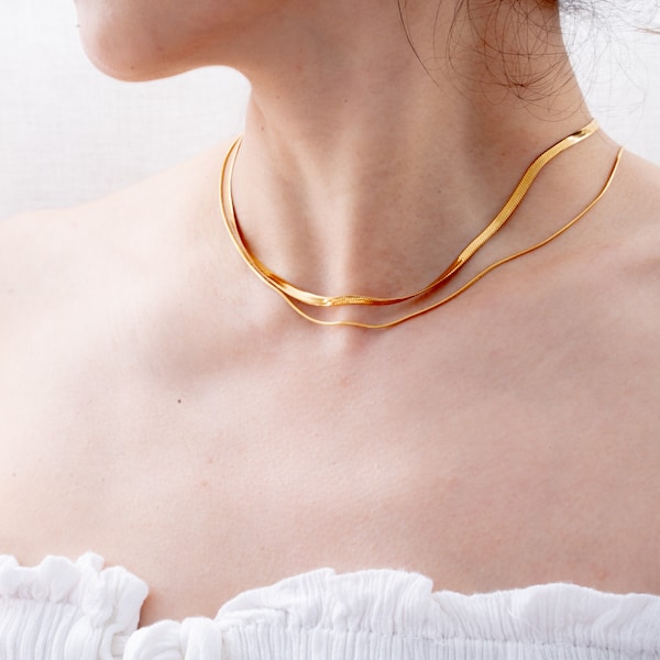 Layered Schlangenkette Choker, Gold Vermeil Fischgrät Halskette
