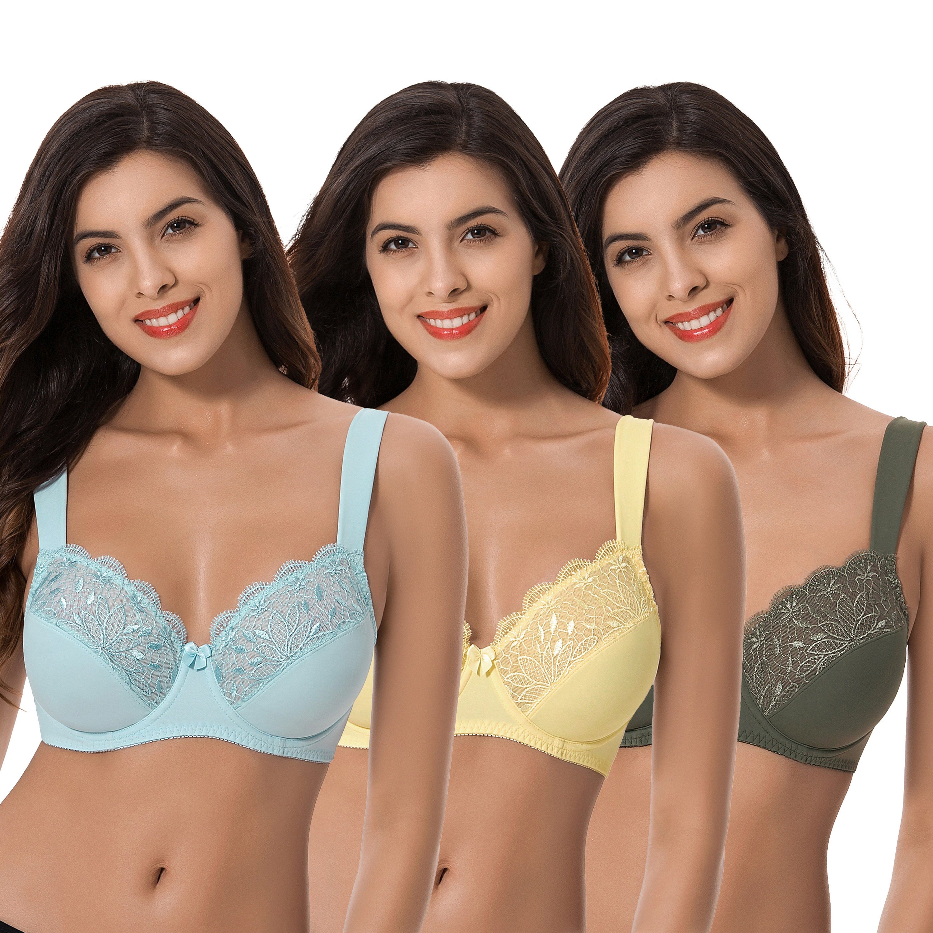 3Pcs Women's Sexy Lace Bra See Through Minimizer Bras Plus Size