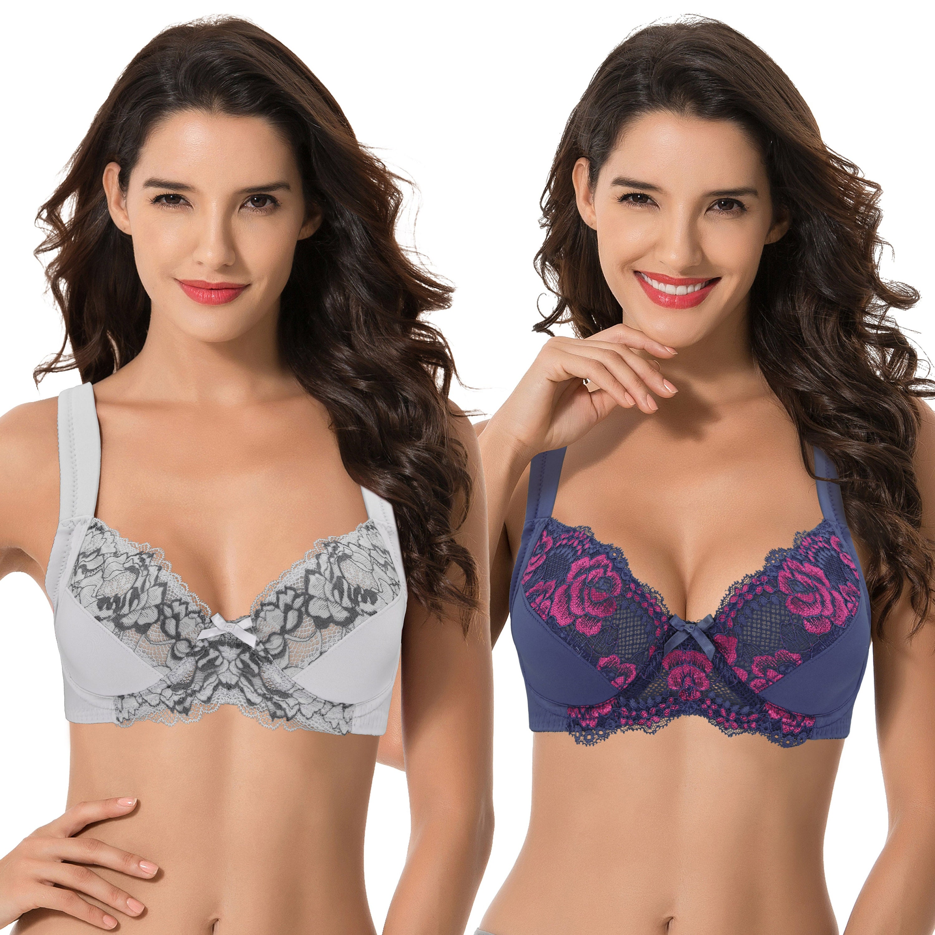 Curve Muse Plus Size Unlined Minimizer Wirefree Bras with Embroidery  Lace-3Pack-Grey,Pink,Black
