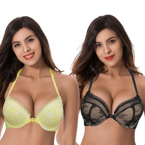 Curve Muse Women's Plus Size Push Up Add 1 Cup Underwire Perfect Shape Lace  Bras-2Pk-Black,Pink-34DDD