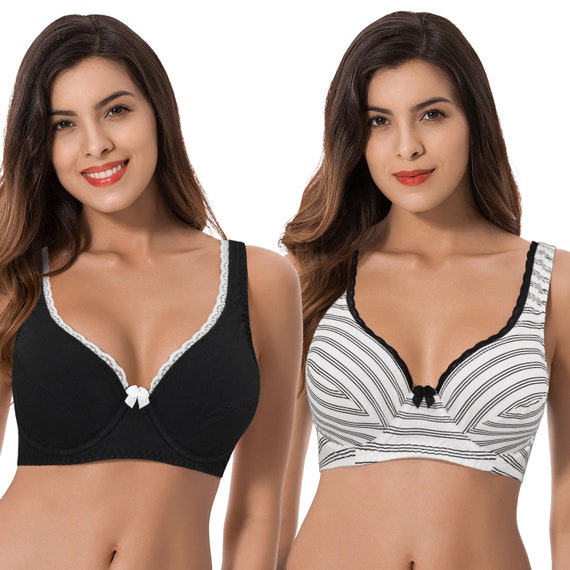 Women's Unlined Plus Size Comfort Cotton Underwire Bra-black/cream