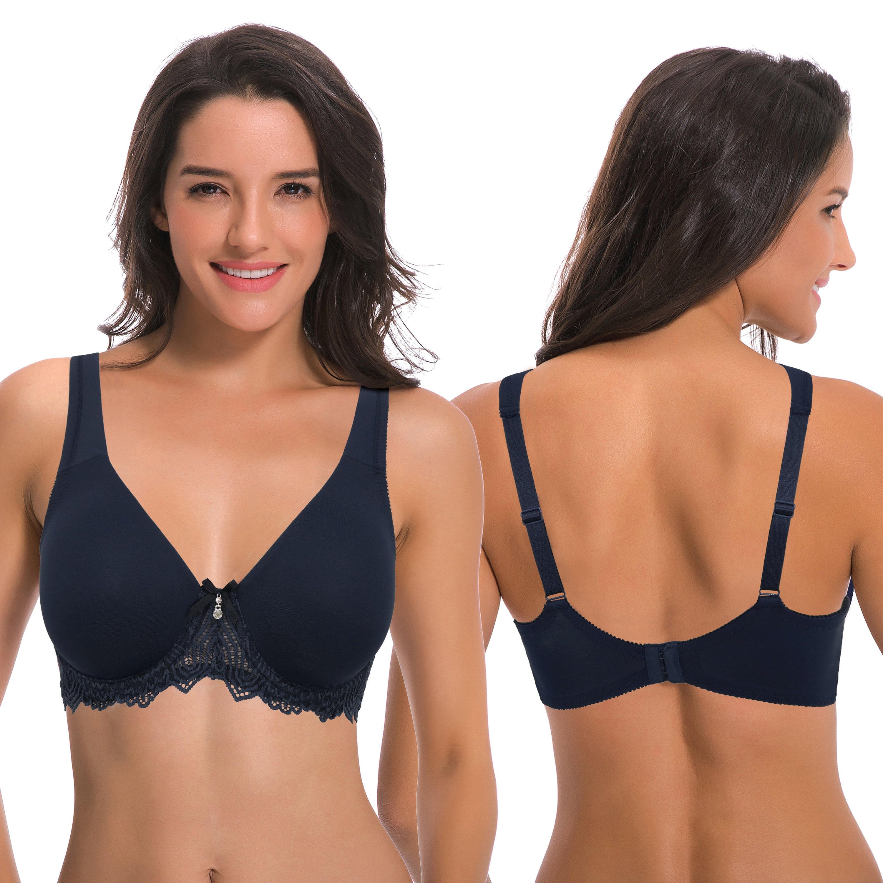 Curve Muse Women's Plus Size Push Up Add 1 Cup Underwire Perfect Shape Lace  Bras-2Pk-Navy,Yellow-32DD 