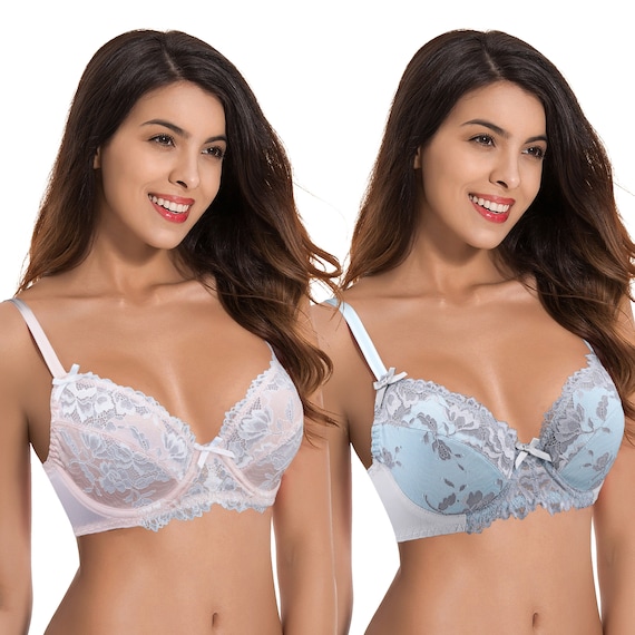 Womens Plus Size Unlined Semi-sheer Balconette Underwire Lace Bra-2pk-pink,lt  BLUE 