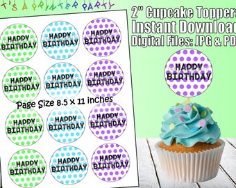 Printable Happy Birthday Green, Blue, Purple, Yellow Dots Cupcake Toppers (Digital Download) | Cute Bright Colors Cupcake Toppers