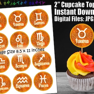 Printable Astrology Zodiac Birthday Cupcake Toppers Orange (Digital Download)