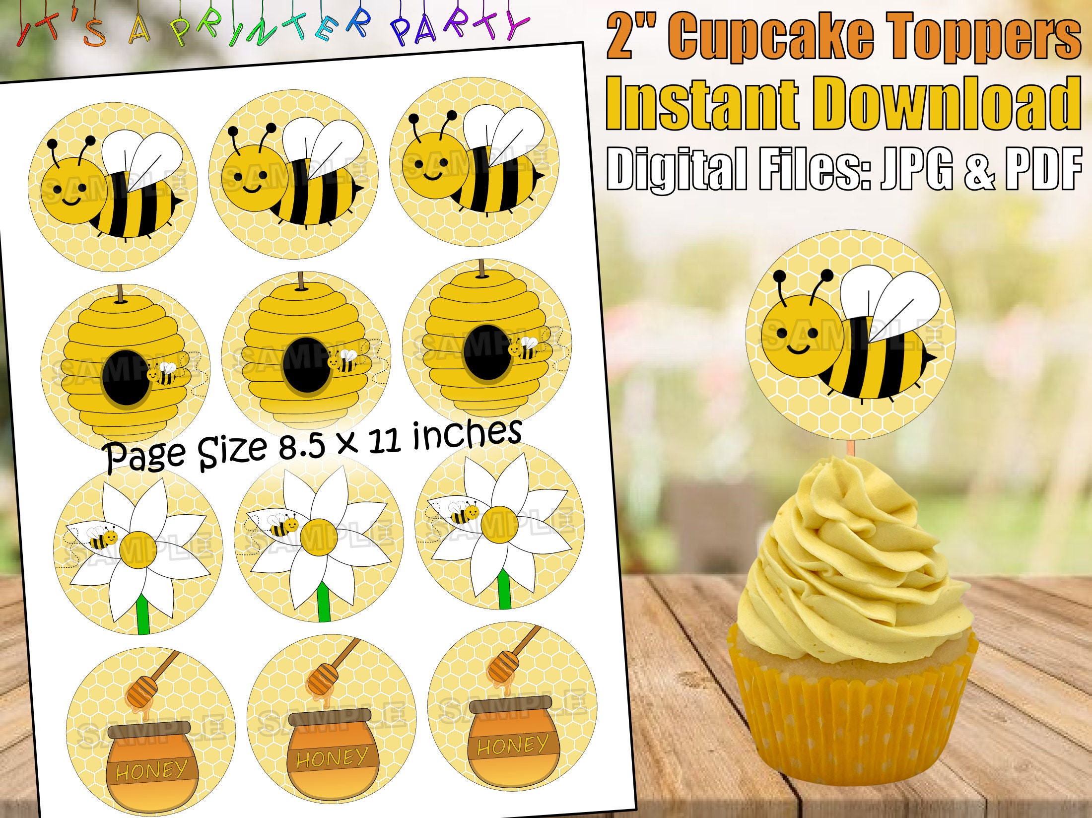 Printable Bumble Bee Cupcake Toppers (Digital Download)