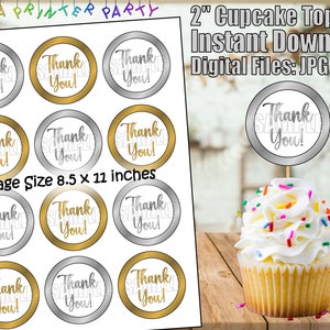 Printable Silver & Gold Thank You Cupcake Toppers (Digital Download)