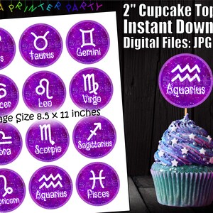 Printable Astrology Zodiac Birthday Cupcake Toppers Purple Violet (Digital Download)