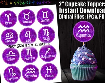 Printable Astrology Zodiac Birthday Cupcake Toppers Purple Violet (Digital Download)