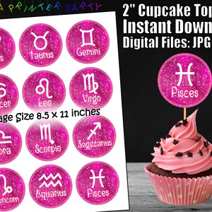 Printable Astrology Zodiac Birthday Cupcake Toppers Pink (Digital Download)