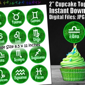 Printable Astrology Zodiac Birthday Cupcake Toppers Green (Digital Download)