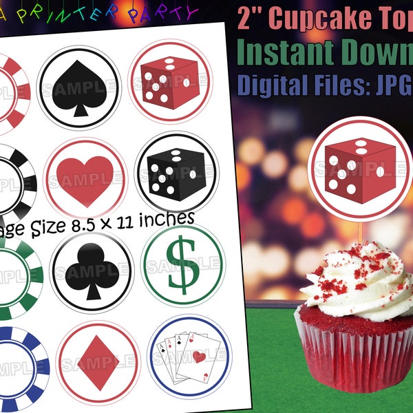 Printable Poker Night Casino Party Cupcake Toppers (Digital Download)