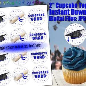 May include: Printable 2-inch cupcake toppers featuring graduation cap, diploma, and confetti designs. The toppers are designed for a graduation party and include the text "Congrats Grad". The page size is 8.5 x 11 inches.