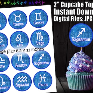 Printable Astrology Zodiac Birthday Cupcake Toppers Blue (Digital Download)