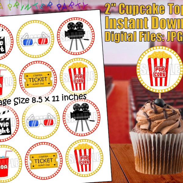 Printable Movie Night Cupcake Toppers (Digital Download)