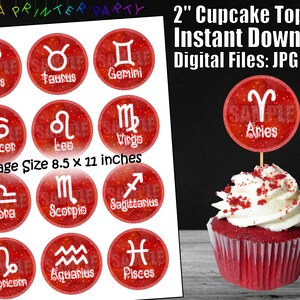 Printable Astrology Zodiac Birthday Cupcake Toppers Red (Digital Download)