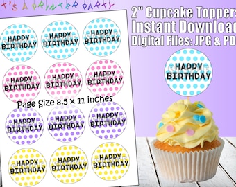 Printable Happy Birthday Blue, Pink, Purple, Yellow Dots Cupcake Toppers (Digital Download) | Cute Bright Colors Cupcake Toppers