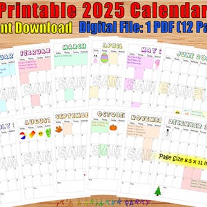 Printable 2025 Calendar | Digital Download | PDF Download | Simple Calendar | Jan - Dec Calendar