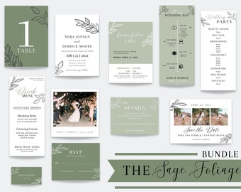 Wedding Invitation Bundle | Sage Foliage |  Wedding Suite | Wedding Bundle | Canva Template | Digital Download | Invitations | Template