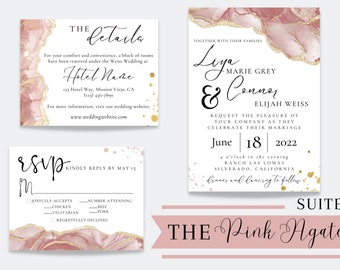 Wedding Invitation Suite | Wedding | Pink Geod | RSVP | Details Card| Canva Template | Digital Download | Editable Text