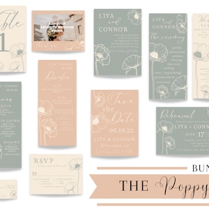 Hochzeitseinladung Bundle | Mohn | Hochzeitssuite | Salbei, Pfirsich, Sahne | Canva Template | Digitaler Download | Einladungen | Vorlage