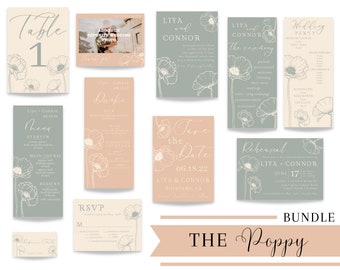 Wedding Invitation Bundle | Poppy |  Wedding Suite | Sage, Peach, Cream | Canva Template | Digital Download | Invitations | Template