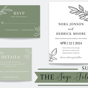Wedding Invitation Suite | Wedding | Sage Foliage | Green | RSVP | Details Card| Canva Template | Digital Download | Editable Text