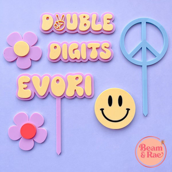 Double digits cake topper set | groovy cake topper | smiley cake topper | peace cake topper | retro cake topper | groovy one cake topper