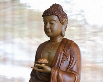 Standing Amitabha Buddha Statue,  Wooden Feng Shui Statue 24&quot; High, Buddha Statue for Home, Meditation Decor