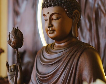 Shakyamuni Buddha Statue Holding Lotus 19&quot;, Wooden Sitting Gautama Buddha Statue on Lotus, Buddhist Figurines, Buddha Statue for Home Decor