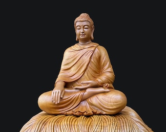 Wooden Gautama Buddha Statue Sitting in Bhumisparsha Mudra, Shakyamuni Meditating Buddha, Buddhist Sculpture, Buddha Statue for Home Decor