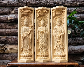 木製仏壇 普賢菩薩 - 釈迦如来 - 文殊菩薩 携帯用仏壇 木製 高さ6